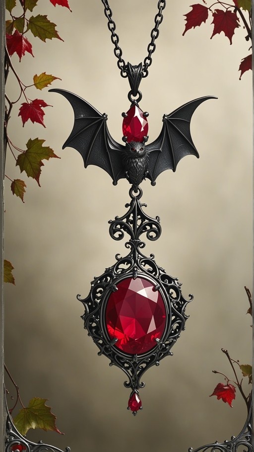 A detailed black bat with spread wings hangs above a large oval red gemstone set in an intricate gothic metal frame, surrounded by autumn maple leaves.
