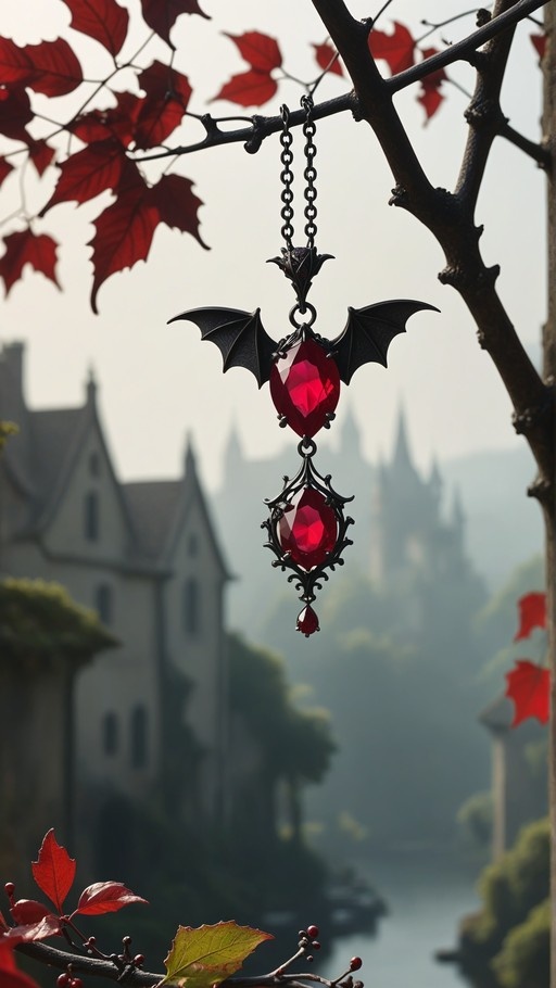 An ornate black metal pendant with bat wings and two large red gemstones hangs from a tree branch with red leaves against a blurred background of a misty castle.