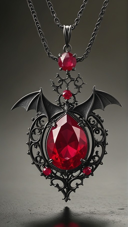 A gothic pendant necklace featuring a large pear-shaped red gemstone set in black metal filigree with bat wings extending from the sides.