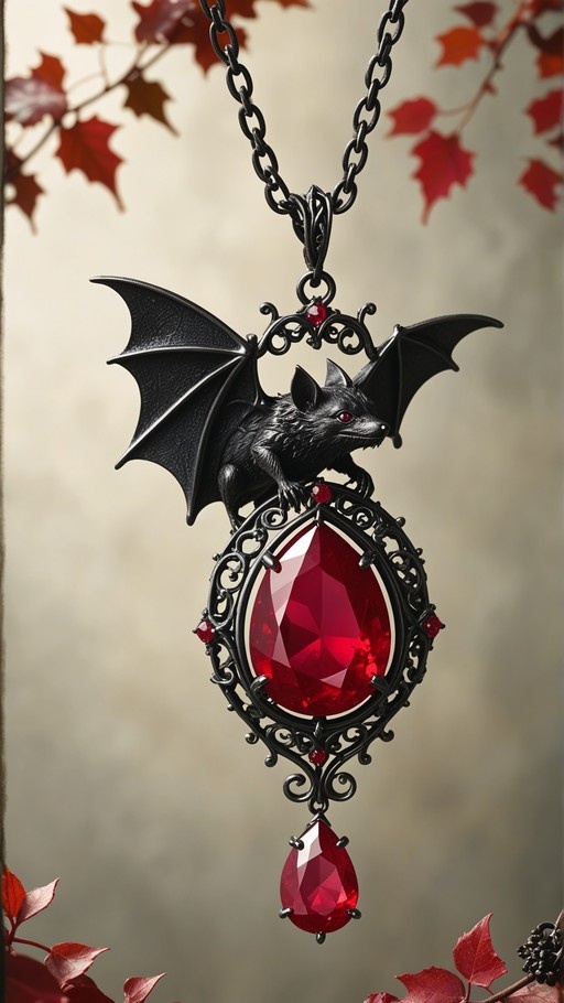 Black bat with red eyes perched on an ornate gothic pendant featuring a large faceted red gemstone and smaller ruby accents, hanging from a thick chain amidst autumn foliage.