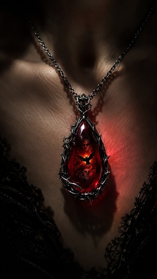 A close-up of a glowing red teardrop pendant with a bat design inside, set in a thorny metal frame on a silver chain against pale skin and black lace.
