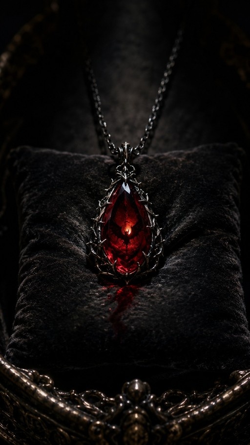 A gothic pendant with a glowing red teardrop gemstone set in thorny metal, resting on a black velvet cushion.