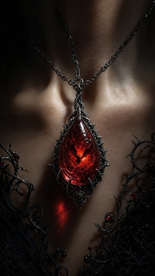 Close-up of a glowing red teardrop gemstone pendant with a bat silhouette inside, set in thorny metalwork and worn against pale skin.