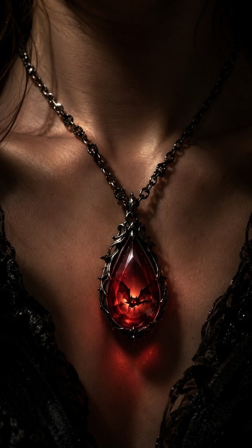 A woman wearing a large red teardrop pendant necklace with a bat silhouette inside, set against her collarbone in a dark gothic style.
