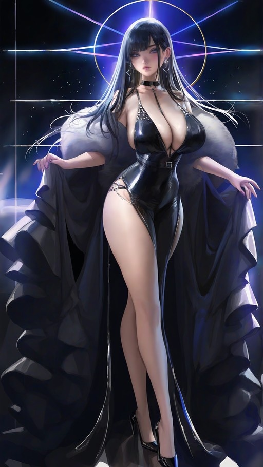 A full-body illustration of an anime-style woman with long black hair and a golden halo, wearing a tight shiny black outfit and holding open a large white fur coat against a dark background.