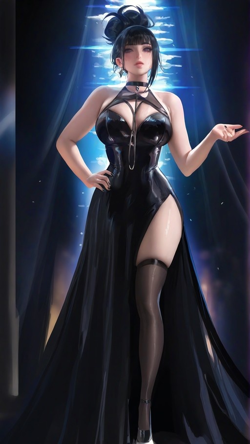 Anime woman in a shiny black halter-neck gown with a high leg slit and thigh-high stockings standing against a blue background.