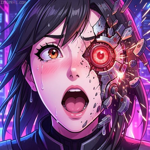 A close-up of a crying anime girl with black hair and brown eyes, her left eye replaced by a sparking, damaged red cybernetic implant against a neon purple background.