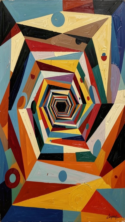 Vertical abstract oil painting featuring a vibrant, multi-colored geometric spiral tunnel with deep perspective and visible brush textures.
