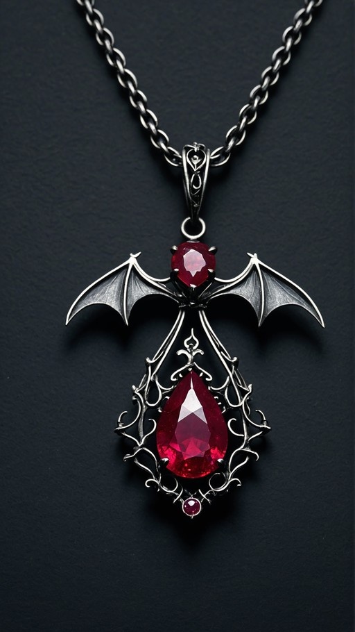 A close-up of a silver bat-winged pendant necklace featuring a large pear-shaped red gemstone and smaller round rubies against a black background.