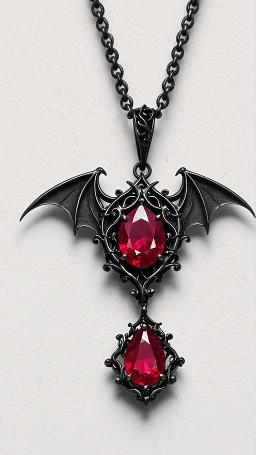A gothic black metal necklace with bat wings and two red gemstones hanging against a white background.