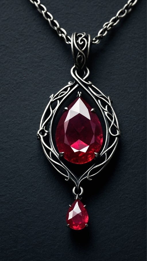 A silver chain necklace with an intricate twisted setting holding a large red teardrop gemstone and a smaller dangling red gem against a dark background.