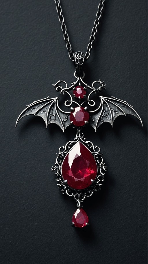 A close-up of a silver gothic pendant with spread bat wings and multiple faceted red gemstones on a black chain against a dark background.
