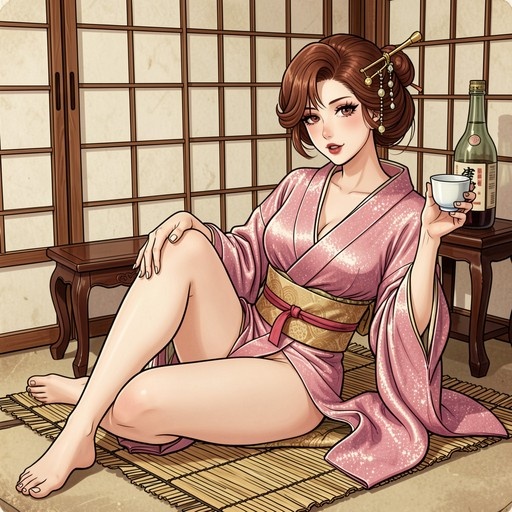 An illustration of an elegant woman with brown hair in an updo, wearing a shimmering pink kimono and sitting on a tatami mat while holding a sake cup.