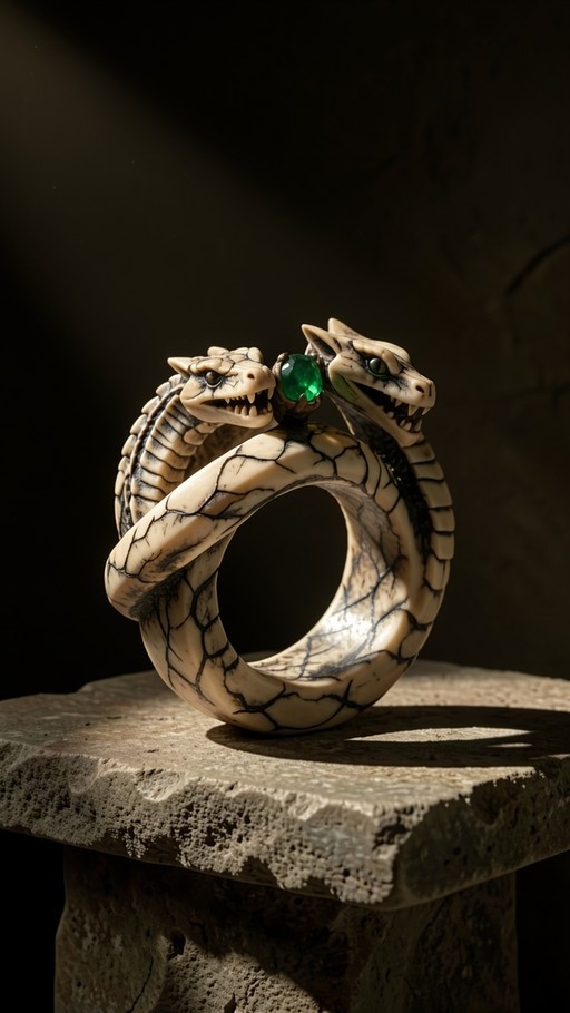 A close-up of a two-headed cream-colored snake ring with black scales and a large green gemstone between the heads, resting on a rough stone surface.