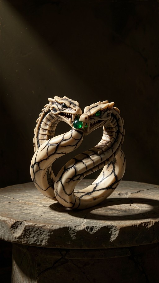 Two-headed snake sculpture with white scales and black cracks holding a green gem between its fangs