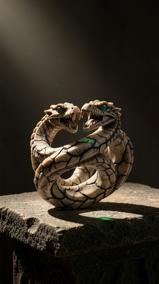 A beige two-headed serpent with glowing green eyes and sharp teeth coiled on a rough stone surface under dramatic spotlighting.