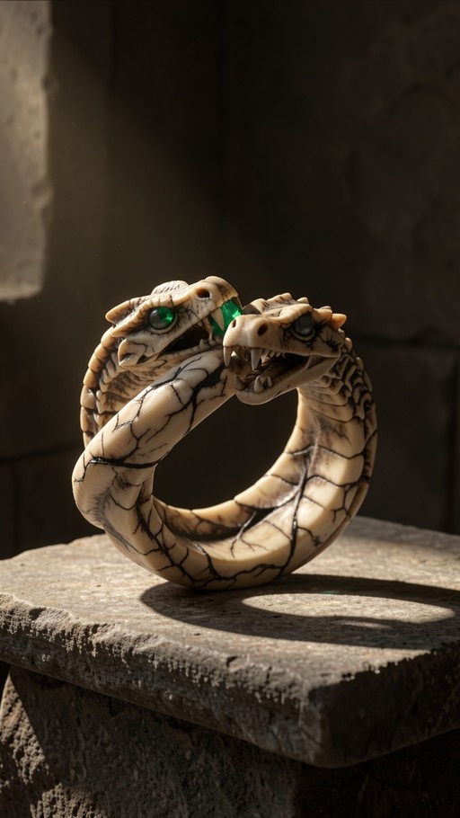 Two-headed cream serpent ring with green eyes resting on stone