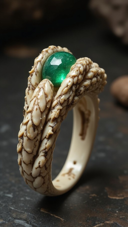 A close-up of a fantasy ring with a textured scale-like band holding a large green gemstone.