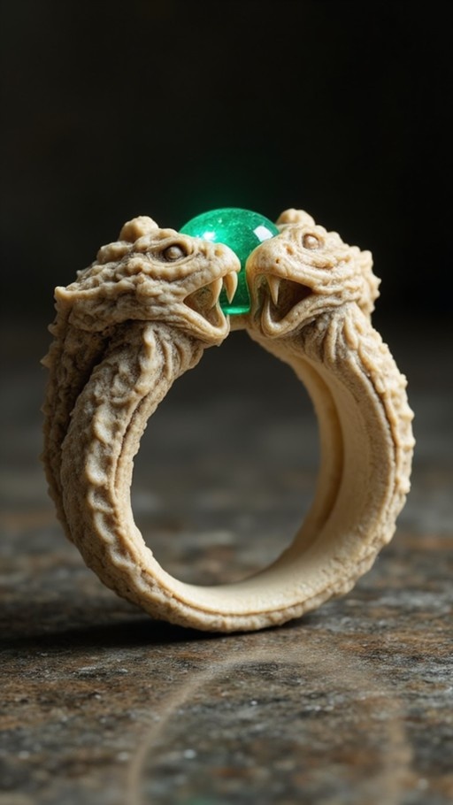 A close-up of a fantasy ring featuring two beige dragon heads facing each other, holding a glowing green gemstone between their open mouths.