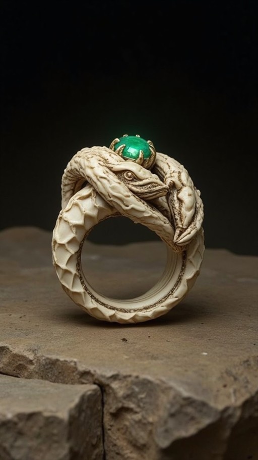 A detailed ring featuring a white snake coiled around the band, holding a large glowing green gemstone on its head.