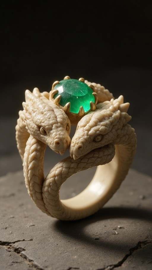 A close-up of a fantasy ring featuring two intertwined pale serpents with textured scales holding a large oval green gemstone set in gold prongs on cracked stone.