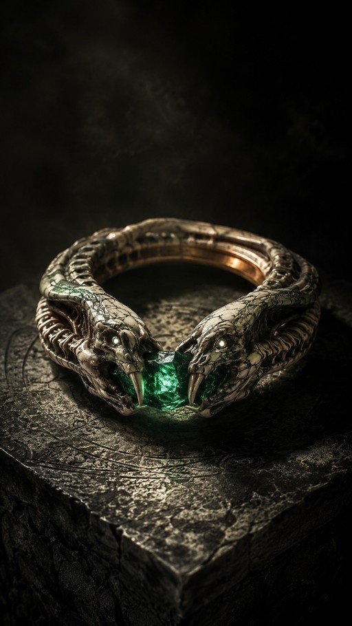 A close-up of a fantasy serpent ring with two snakes biting a glowing green gemstone on a stone pedestal.