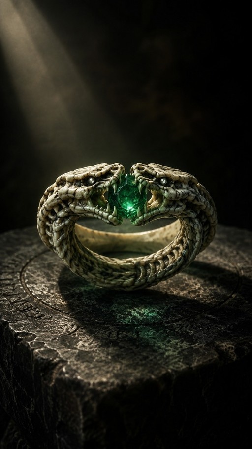 A close-up of a fantasy ring featuring two snakes biting an emerald gemstone on a stone surface.