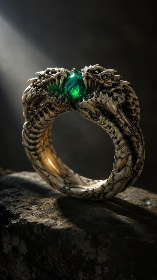A close-up of a fantasy ring with two white serpentine heads biting a large green gemstone, resting on a rock in dramatic light.