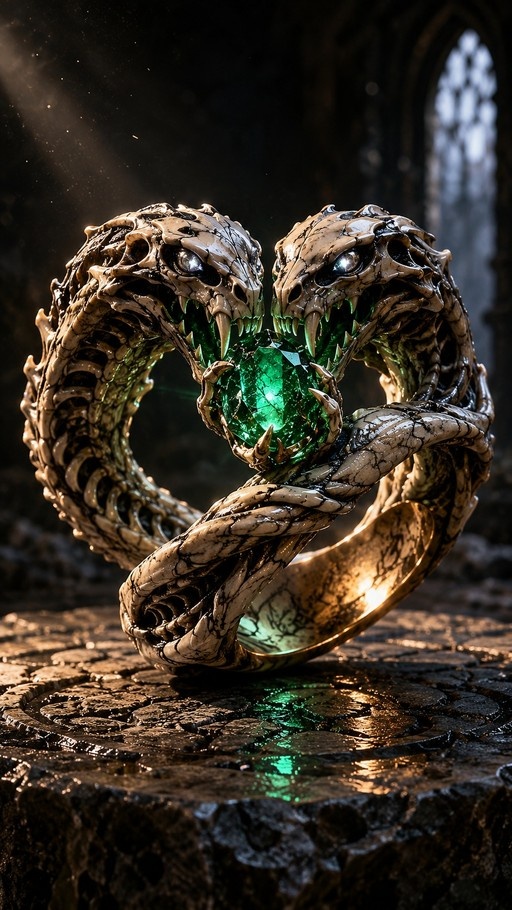 A fantasy ring featuring two skeletal snake heads facing each other and holding a large glowing green emerald gemstone between their fangs.