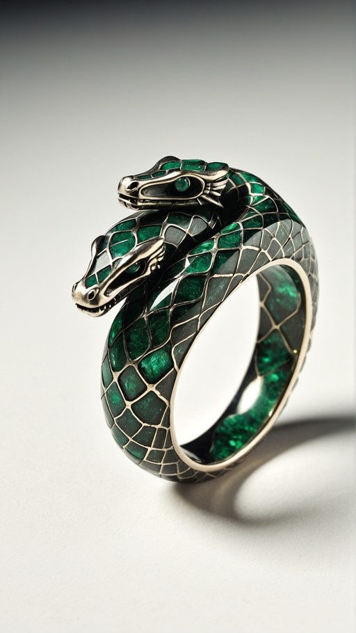 A close-up of a silver ring with two green-scaled snake heads coiled around it against a white background.