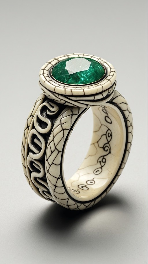 A detailed studio shot of a fantasy ring with a large faceted green gem set in a white band featuring black cracks and raised knotwork designs.