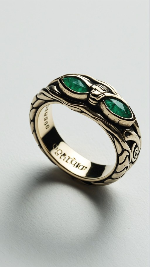 Silver snake ring with two green emerald eyes and Gorgon text inside the band