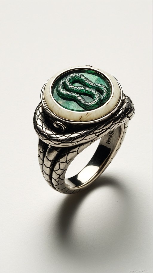 A close-up photograph of an ornate silver ring featuring a coiled green serpent inside a circular setting against a white background.