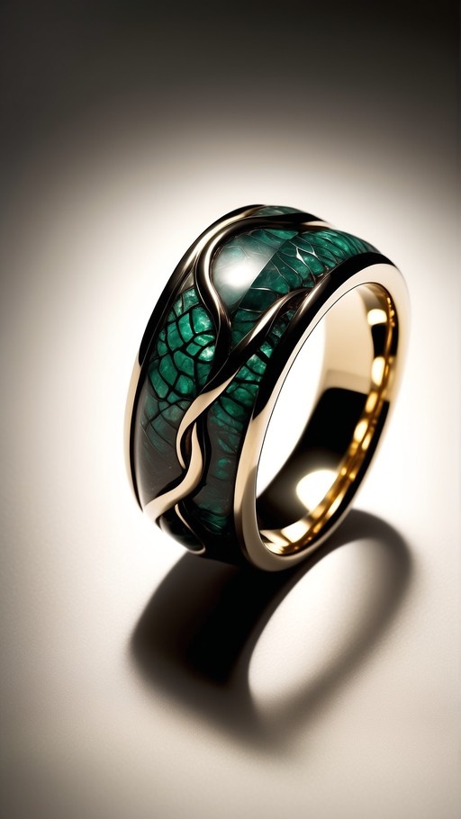 Close-up of a wide gold ring with a green scale-patterned inlay and wavy metal accents on a neutral background.