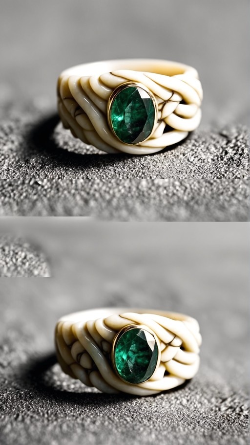 Close-up of a ring with a woven white band and a large oval green gemstone set in gold.