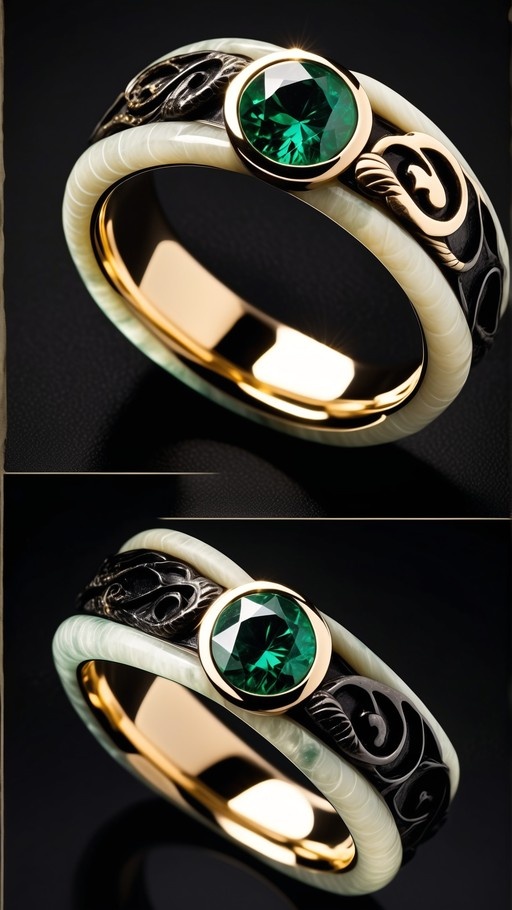 A split-screen view of an ornate ring featuring a gold band, white textured section, and a large green gemstone against a black background.