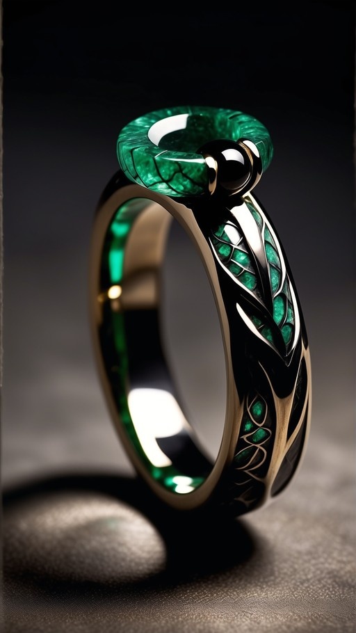 Close-up of an ornate gold ring with a large green gemstone and intricate leaf-patterned band