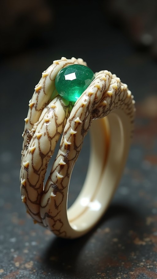 A close-up of a fantasy ring with a textured, bone-like band and small spikes holding a large faceted green gemstone against a blurred background.