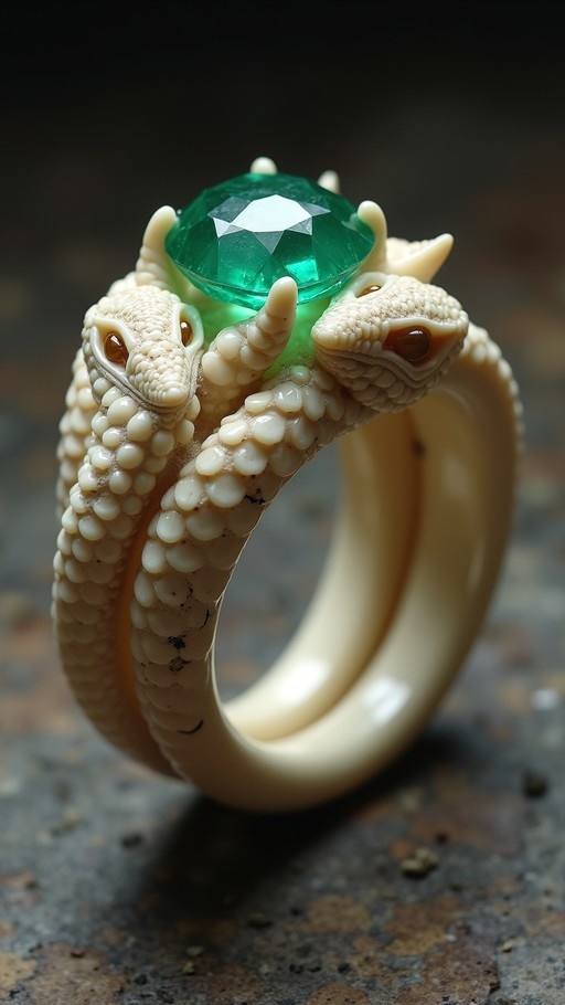 A close-up of an ornate ring featuring two cream-colored snakes coiling around the band and supporting a large faceted green gemstone.
