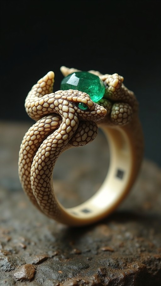A close-up of a realistic snake ring with beige scales and a large green gemstone on its back, resting on a rock.