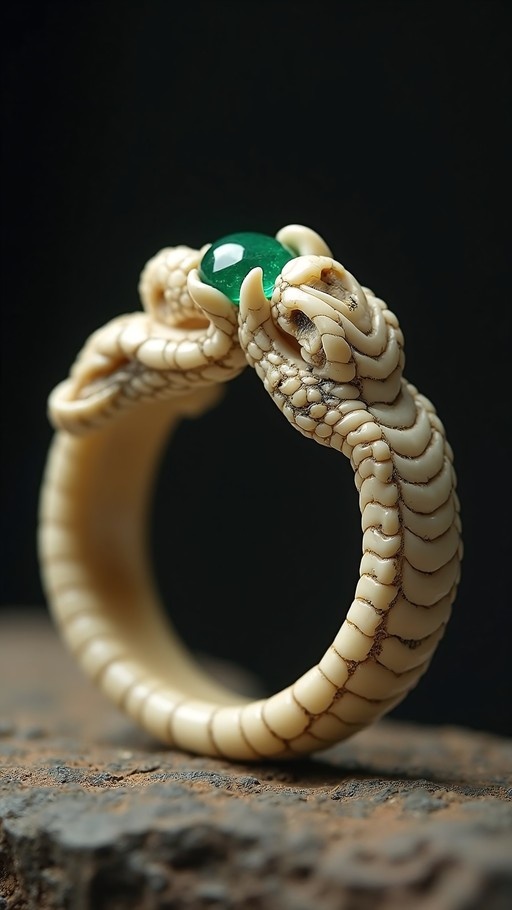 Close-up of a cream-colored snake ring coiled around a large green gemstone.