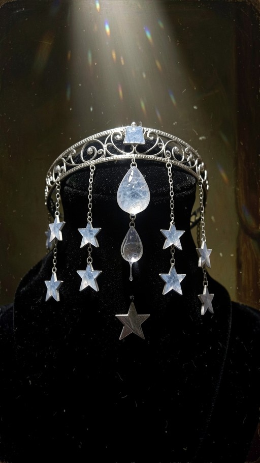 A silver filigree tiara with hanging star charms and pale blue teardrop crystals displayed on a black bust under dramatic lighting.