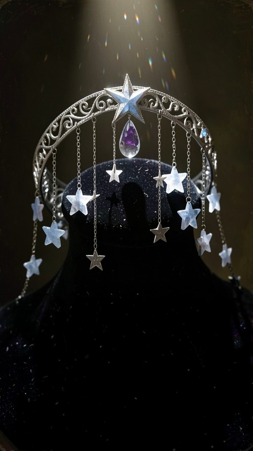 A silver filigree headband with a large central star and hanging purple teardrop gem, decorated with chains of small metallic and translucent stars on a black bust.