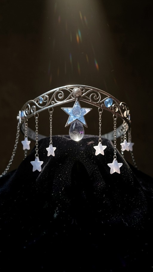 Silver tiara with a blue star gemstone and hanging white star pendants on a black background.