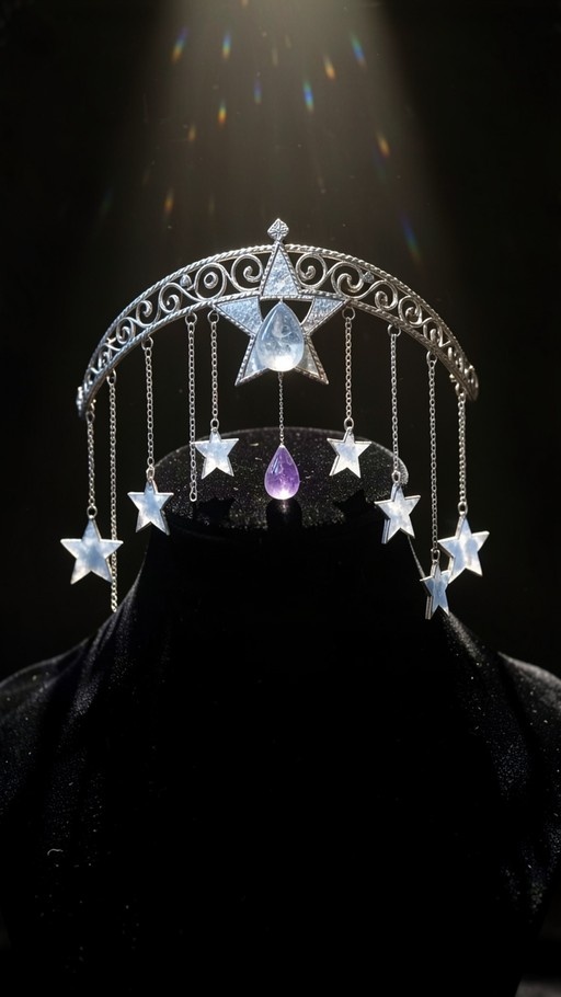 A silver star tiara with a central pale gem and hanging chains featuring smaller stars and a purple teardrop crystal against a dark background.