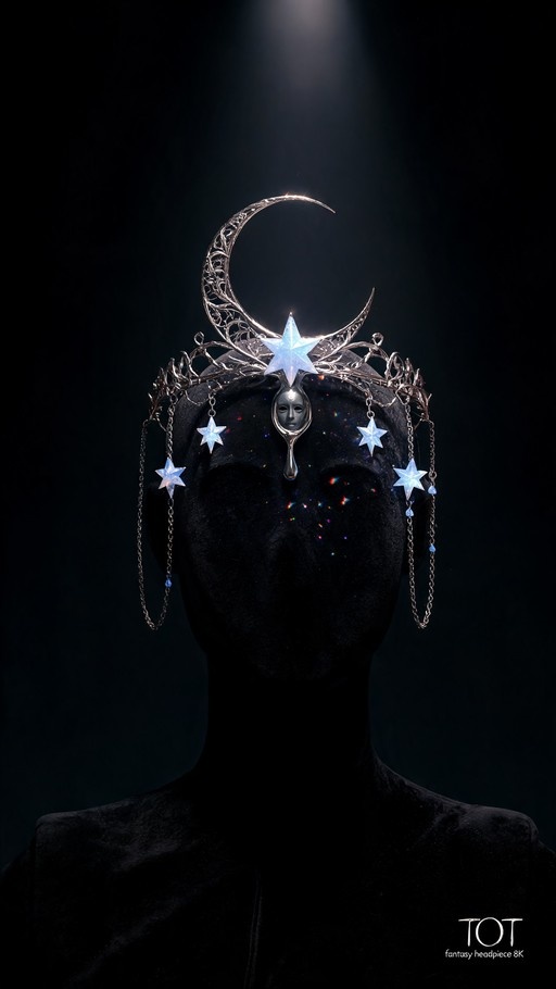 Silver crescent moon headpiece with hanging stars and a central mirror mask on a black mannequin.
