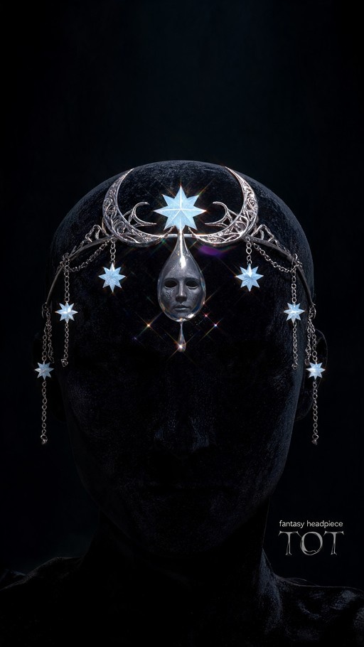 Black mannequin head wearing a silver fantasy crown with crescent moons, a central star, and a teardrop face pendant.