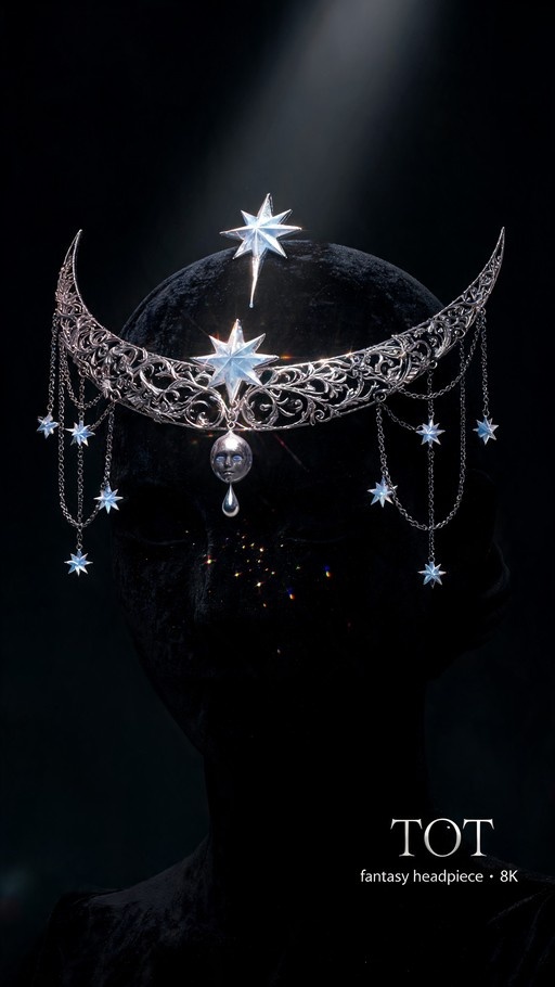Silver fantasy headpiece with stars and crescent moon on a black mannequin