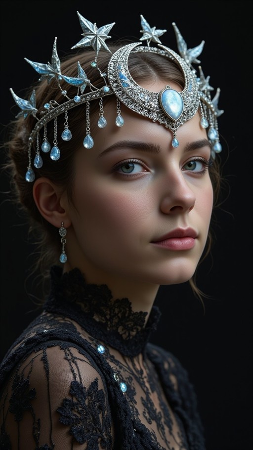 A realistic portrait of a young woman with brown hair and green eyes wearing an elaborate silver crown featuring stars and a crescent moon with a blue stone, set against a black background.