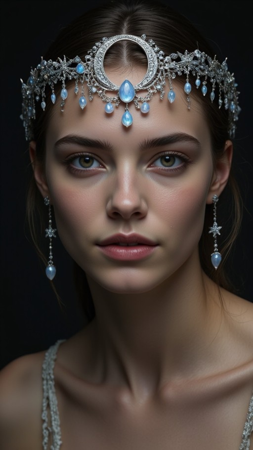 Close-up of a woman wearing an elaborate silver crescent moon tiara with dangling blue gems and matching star-shaped earrings against a black background.